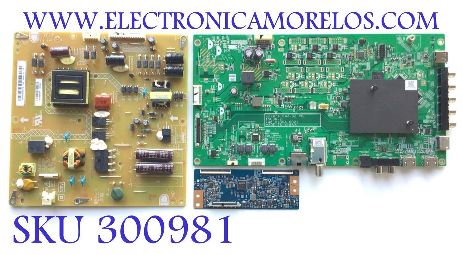 KIT DE TARJETAS PARA TV VIZIO / MAIN 755.01G010003 / 748.01G04.0021 / FUENTE 056040946041G / PB-3940-1W / T-CON 55.43T01.C03 / PANEL T430HVN01.2 / MODELO E43-D2 LWZ2UMAS